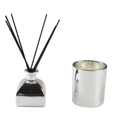 Silver candle & room fragrance set with freesia scent