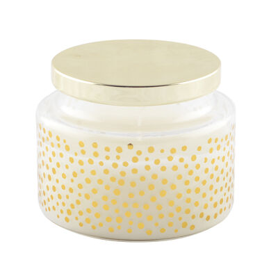 Round candle with small dots and golden lid, sage scent