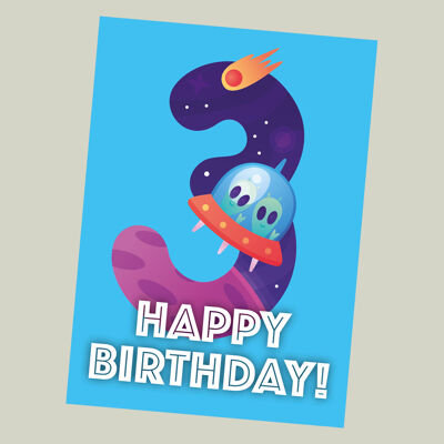 Carte d'anniversaire Space Age pour enfants - 3 ans