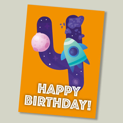 Kids Space Age birthday card - age 4
