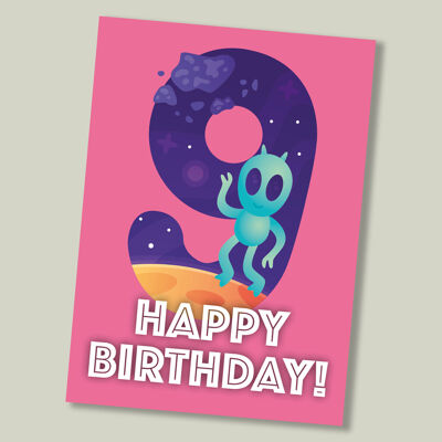 Kids Space Age birthday card - age 9