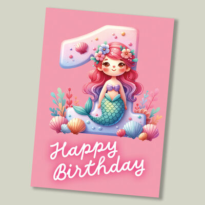 Kids Mermaid birthday card - age 1