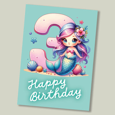 Carte d'anniversaire sirène pour enfants - 3 ans