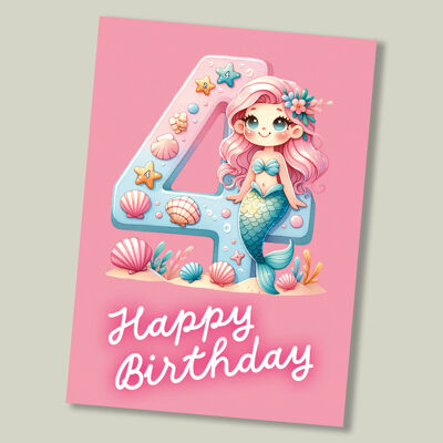 Kids Mermaid birthday card - age 4