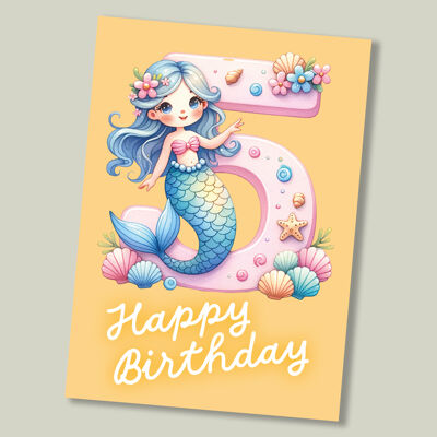 Kids Mermaid birthday card - age 5