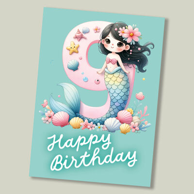 Kids Mermaid birthday card - age 9