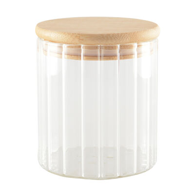 Glass storage jar with wooden lid 9x9x10cm