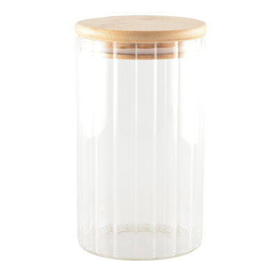 Glass storage jar with wooden lid 9x9x15cm