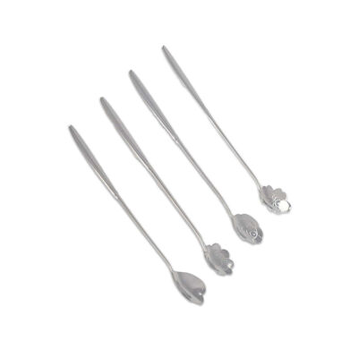 Long silver flower spoons - set of 4