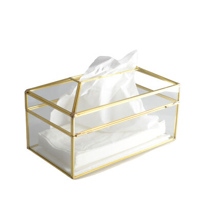 Rectangular glass tissue box with gold edges 19x11x10cm