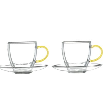 Double-walled cups and saucers with yellow handles - set of 2