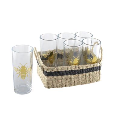 Bee glasses with basket - set of 6