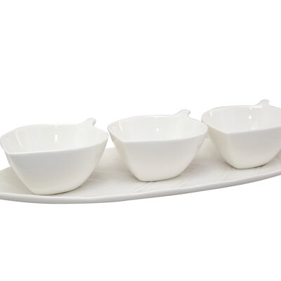 Set of 3 aperitif bowls with leaf decoration tray