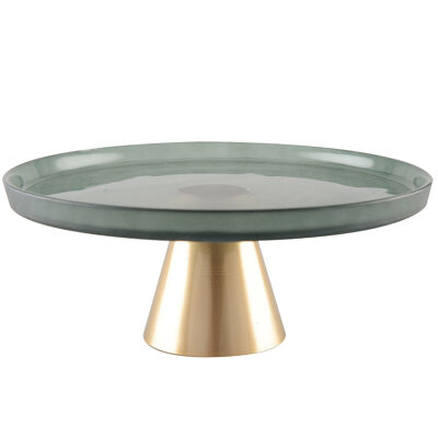 Green cake plate on gold foot 28cm