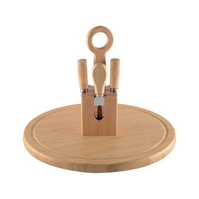 Revolving wooden cheese board with 4 cheese utensils