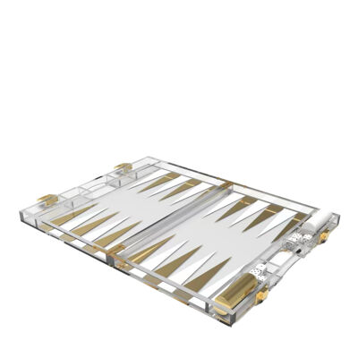 Set da backgammon in custodia acrilica bianca e oro