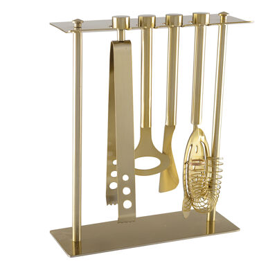 5-piece bar tools on stand in matte gold color