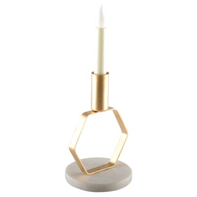 Matte gold octagonal candle holder with marble support h.17 cm