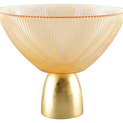 Hollow ribbed amber bowl on golden foot 22x22x18cm