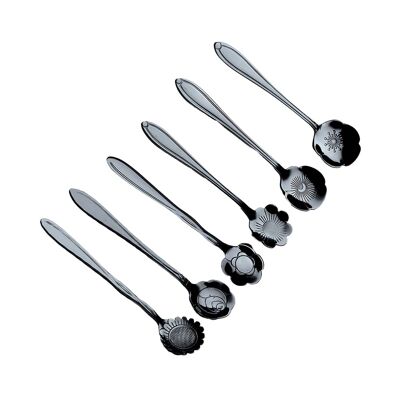Black Assorted Flower Dessert Spoons - Set of 6