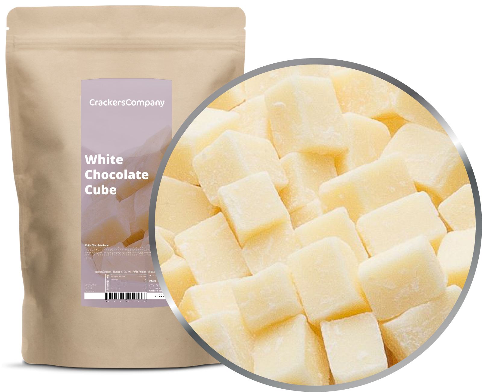 Cubi di cioccolato bianco, Cubo di cioccolato bianco PU con 8 pezzi. u. Contenuto di 500 g per pezzo.