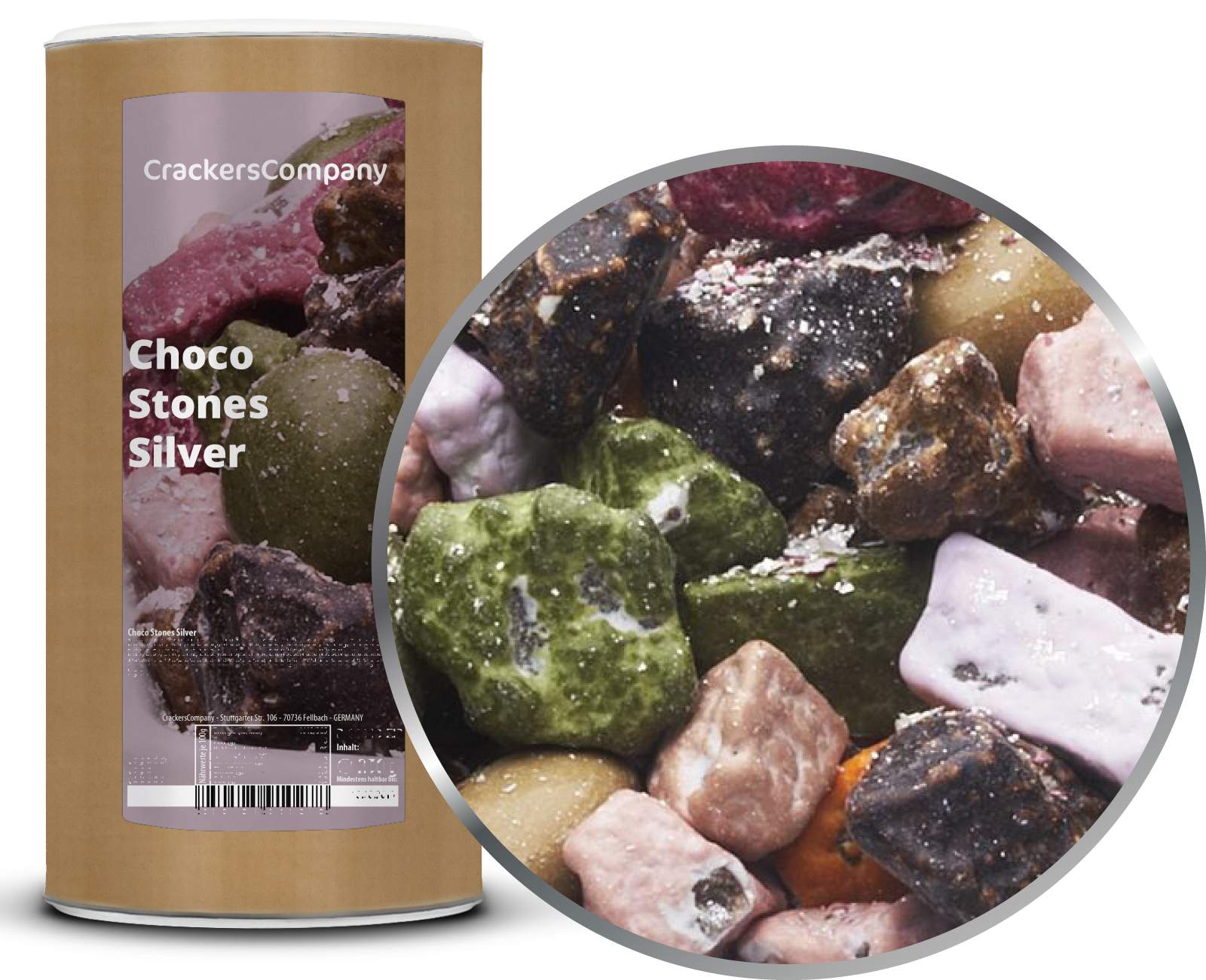 Pietre di cioccolato argentato, Choco Silver Stones PU con 9 pezzi. u. Contenuto 900 g per pezzo.