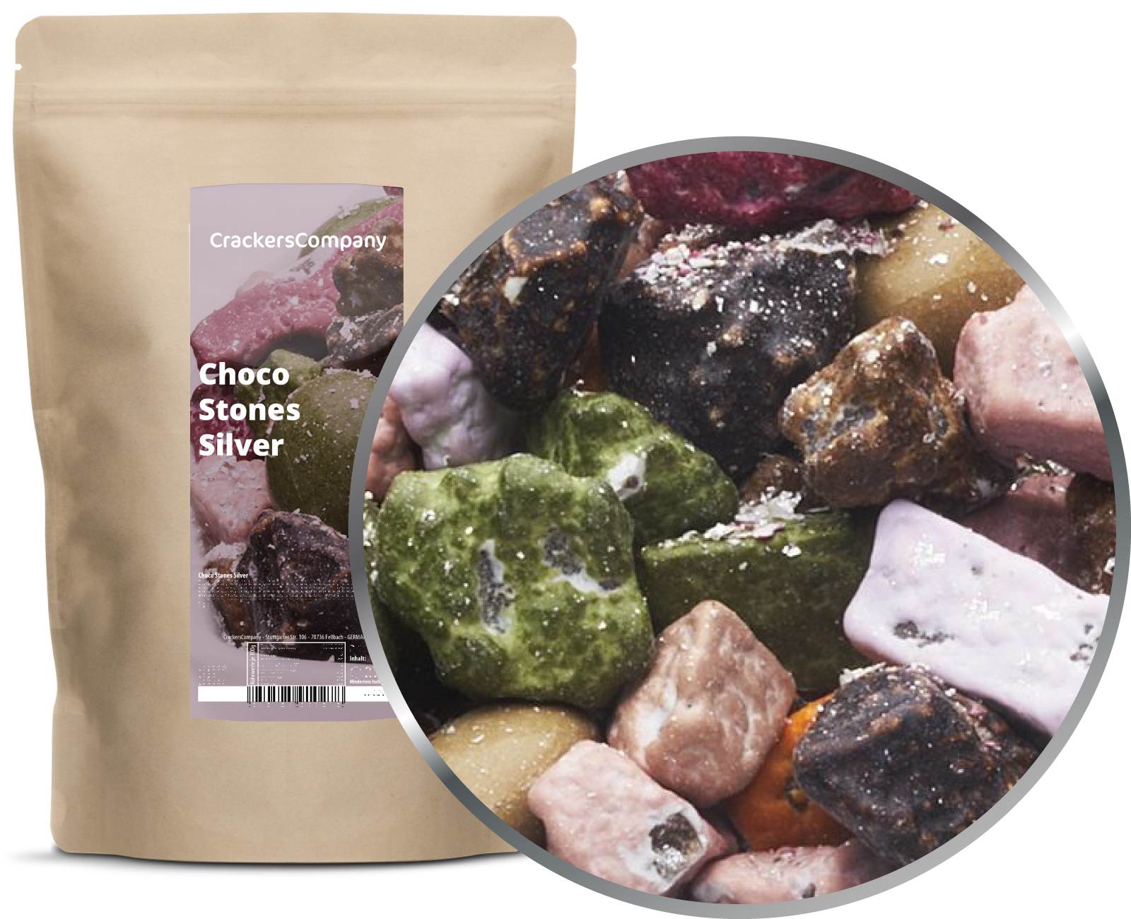 Pietre di cioccolato argentato, Choco Silver Stones PU con 8 pezzi. u. Contenuto 750 g per pezzo.