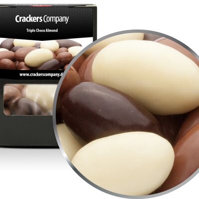 Trois types d'amandes au chocolat, Triple Choco Almond PU de 32 pièces. toi. Contenu de 100 g par pièce.