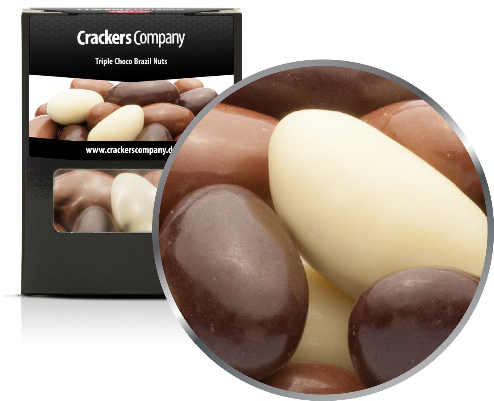 Dreierlei Schoko Paranüsse, Triple Choco Brazil Nuts VPE mit 32 Stk. u. 100g Inhalt je Stk.
