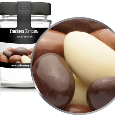 Trois types de noix du Brésil au chocolat, Triple Choco Brazil Nuts PU avec 45 pièces. toi. Contenu de 100 g par pièce.