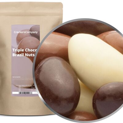 Tres tipos de chocolate con nueces del Brasil, Triple Choco Brazil Nuts PU con 8 piezas. Ud. Contenido de 700 g por pieza.