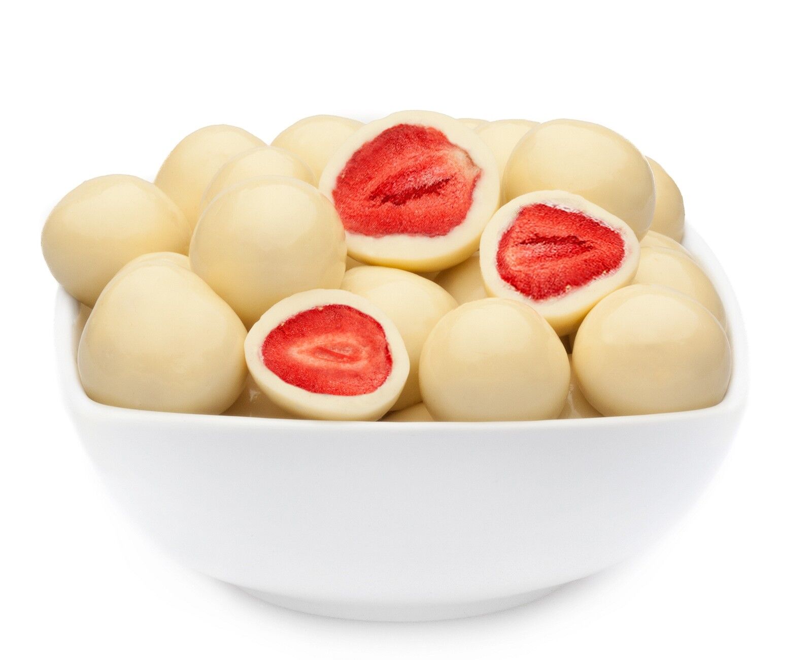 Fragole al cioccolato al latte, Fragola Bianca PU con 1 pezzo. u. Contenuto di 2500 g per pezzo.