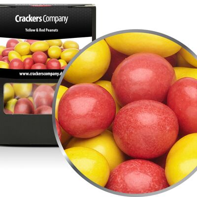 Cacahuètes colorées en chocolat, cacahuètes jaunes et rouges PU avec 32 pièces. toi. Contenu de 110 g par pièce.