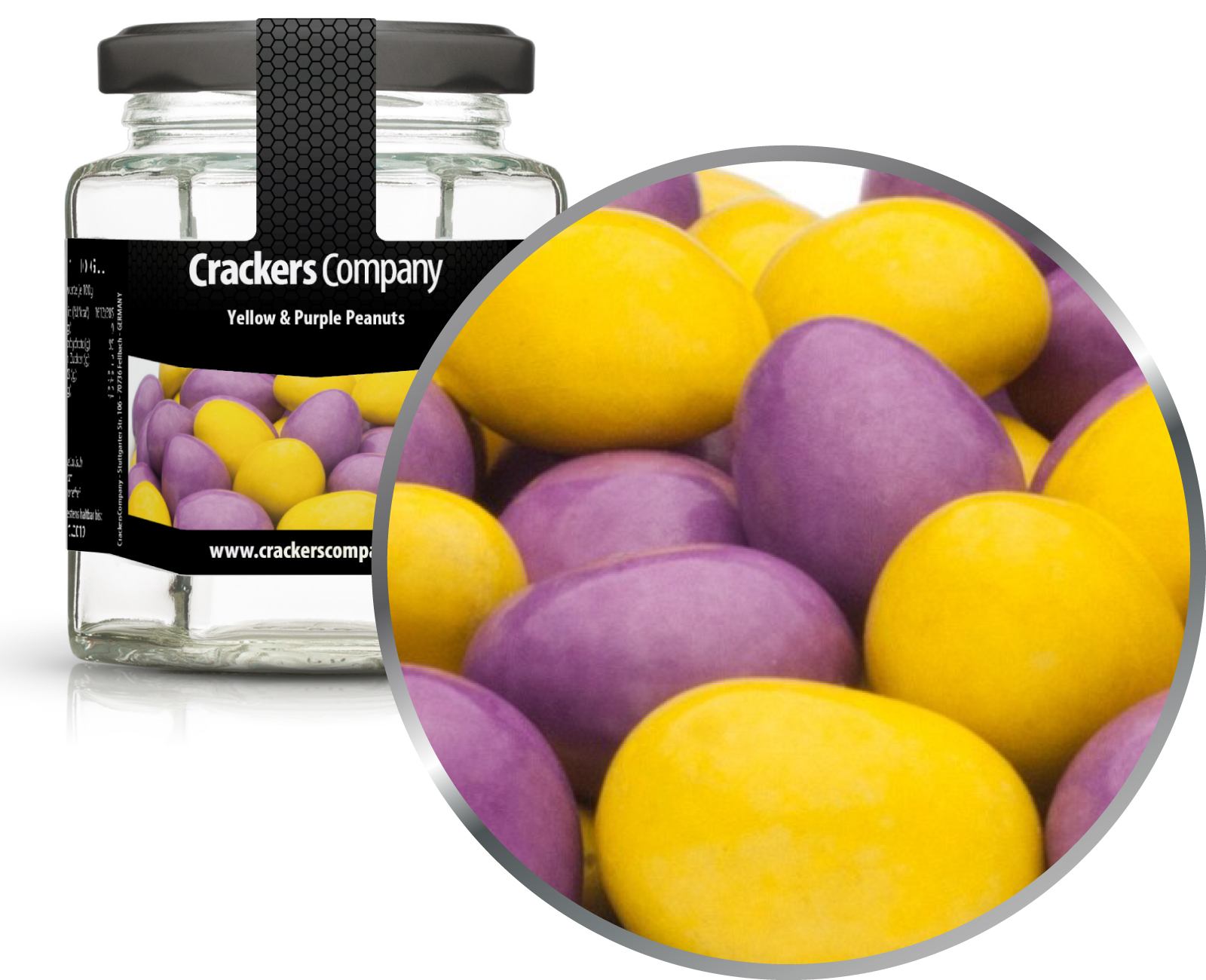 Bunte Schoko Erdnüsse Yellow & Purple Peanuts. VPE mit 25 Stk. u. 110g Inhalt je S