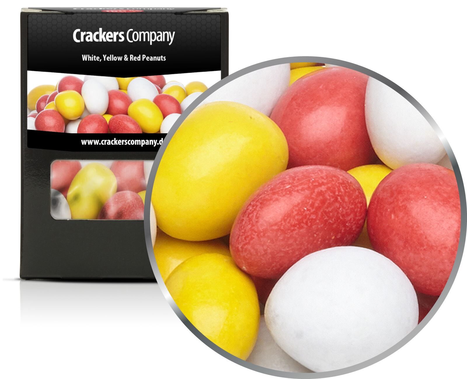 Bunte Schoko Erdnüsse White, Yellow & Red Peanuts. VPE mit 32 Stk. u. 110g Inhalt