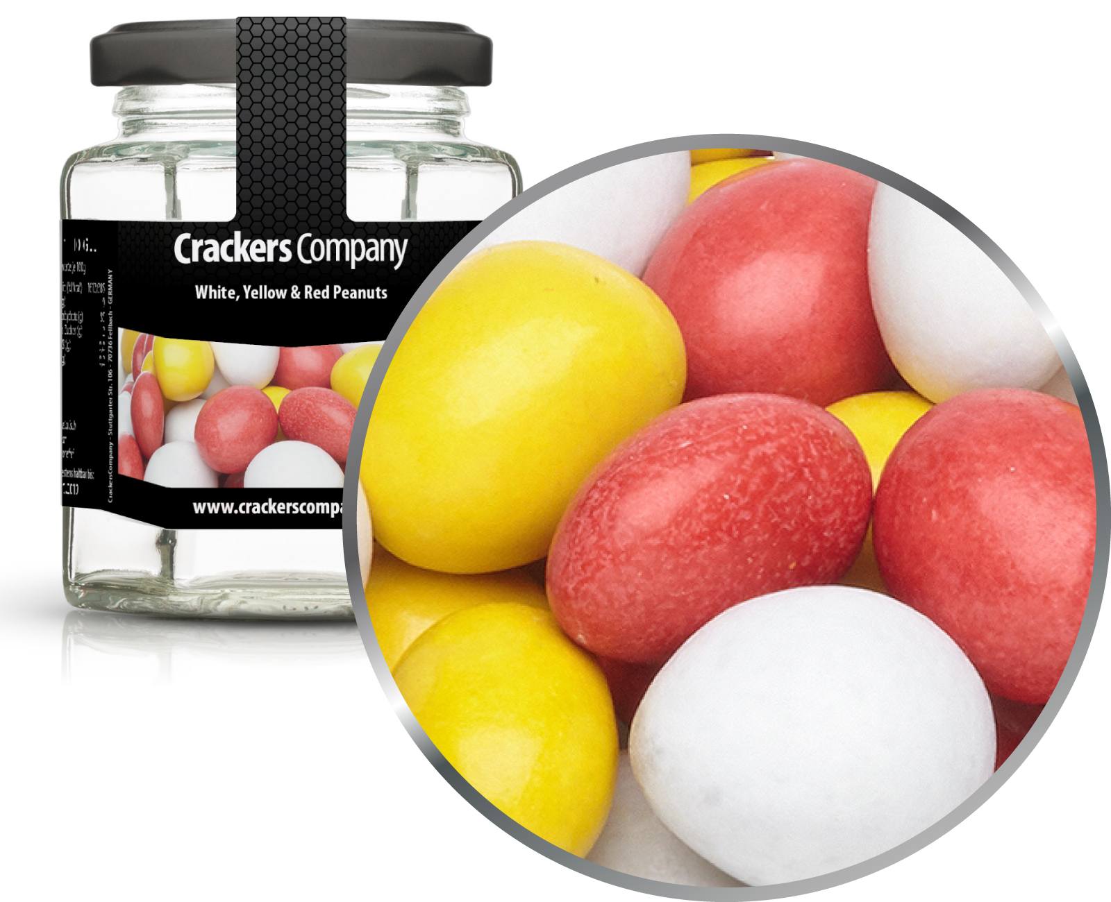 Bunte Schoko Erdnüsse White, Yellow & Red Peanuts. VPE mit 25 Stk. u. 110g Inhalt