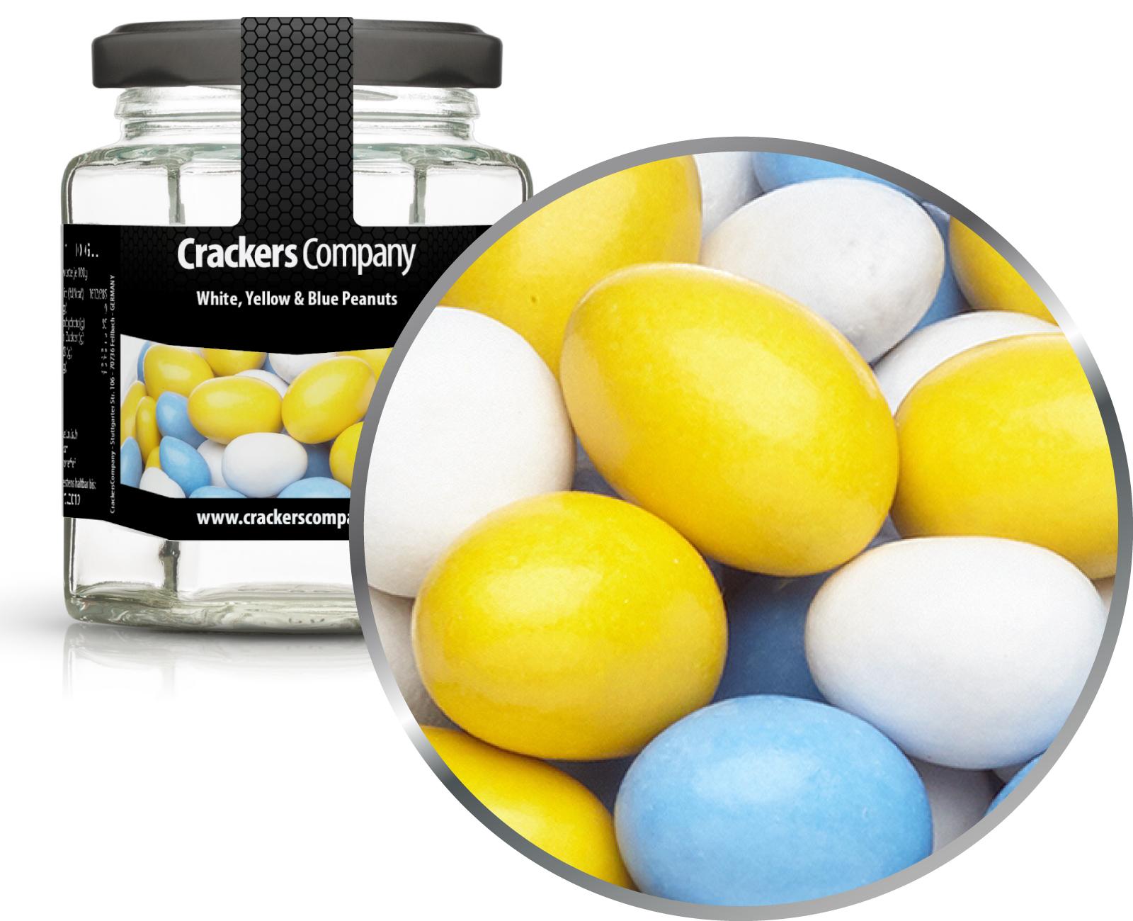Arachidi di cioccolato colorate Arachidi bianche, gialle e blu. Confezione da 25 pezzi. u. Contenuto 110 g