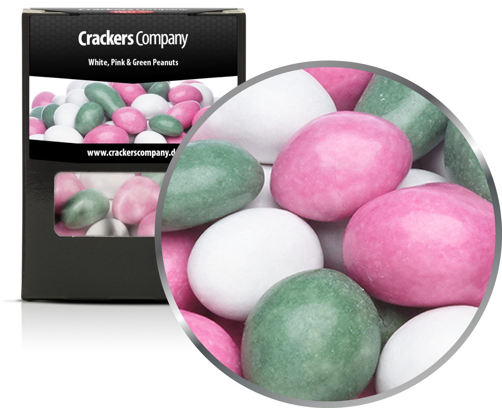 Bunte Schoko Erdnüsse White, Pink & Green Peanuts. VPE mit 32 Stk. u. 110g Inhalt