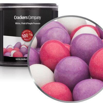 Cacahuètes colorées en chocolat, cacahuètes blanches, roses et violettes PU avec 36 pièces. toi. Contenu de 110 g par pièce.