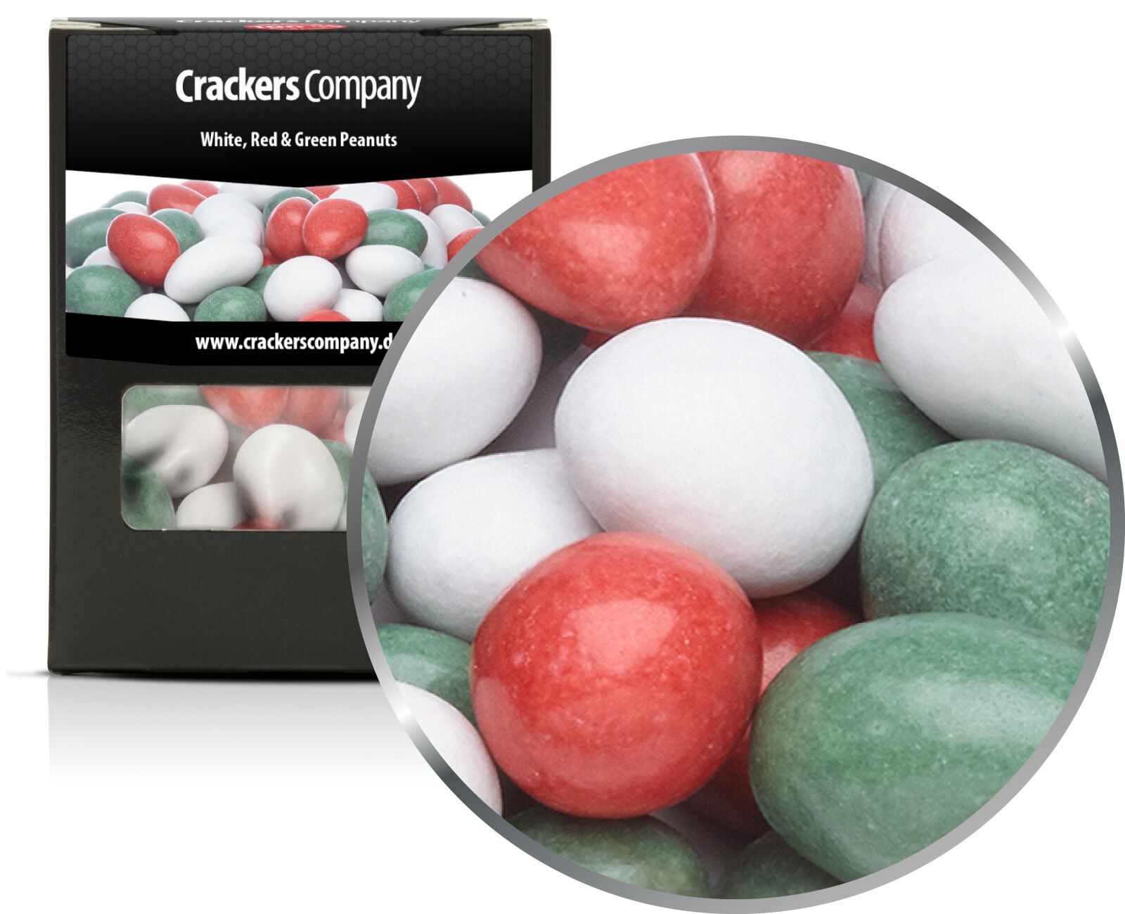 Bunte Schoko Erdnüsse, White, Red & Green Peanuts VPE mit 32 Stk. u. 110g Inhalt je Stk.