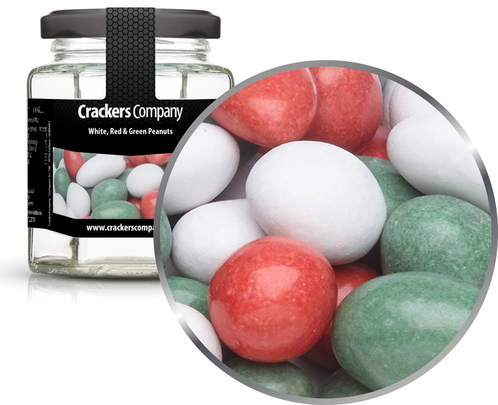 Bunte Schoko Erdnüsse, White, Red & Green Peanuts VPE mit 25 Stk. u. 110g Inhalt je Stk.