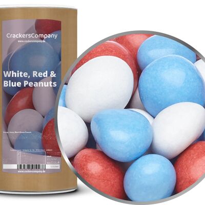 Cacahuètes colorées en chocolat, cacahuètes blanches, rouges et bleues PU avec 9 pièces. toi. Contenu de 950 g par pièce.