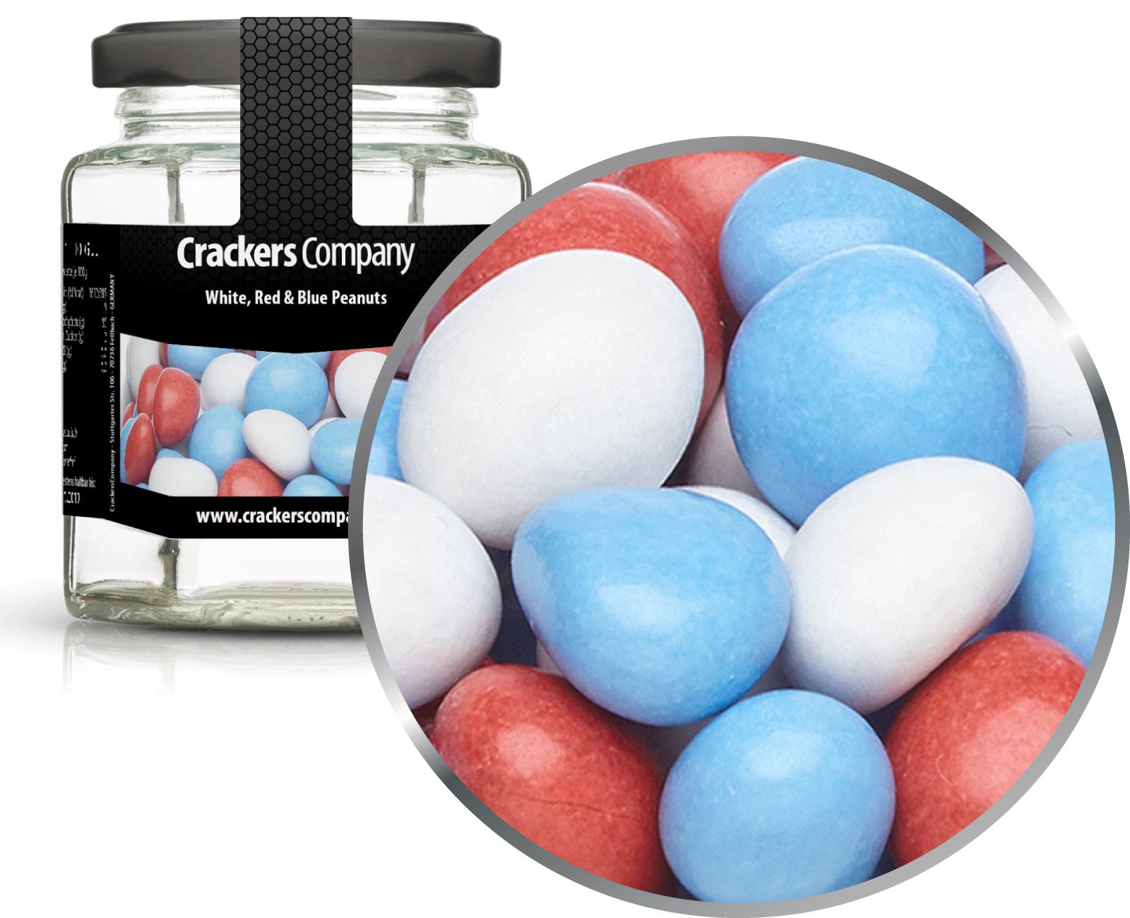 Bunte Schoko Erdnüsse, White, Red & Blue Peanuts VPE mit 25 Stk. u. 110g Inhalt je Stk.