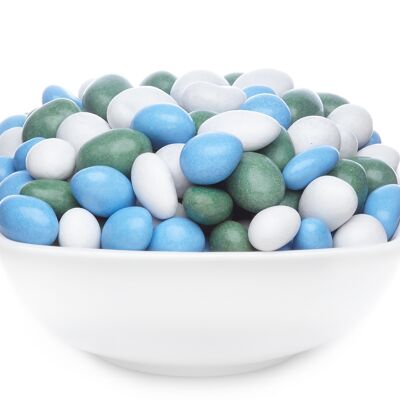 Cacahuètes colorées en chocolat, cacahuètes blanches, vertes et bleues PU avec 1 pièce. toi. Contenu de 5000g par pièce.