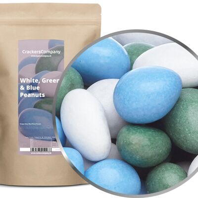 Cacahuètes colorées en chocolat, cacahuètes blanches, vertes et bleues PU avec 8 pièces. toi. Contenu de 750 g par pièce.