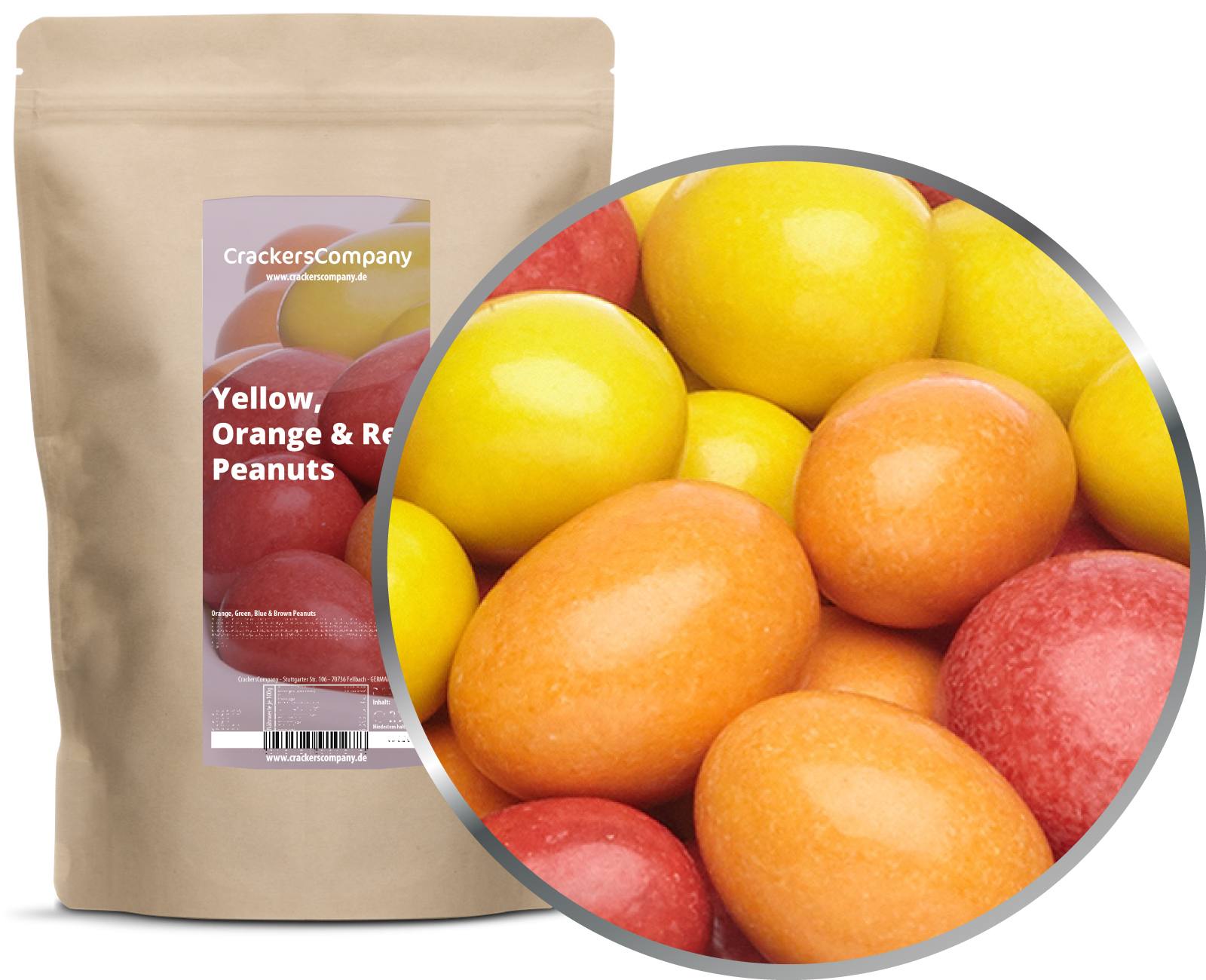 Arachidi di cioccolato colorate, arachidi gialle, arancioni e rosse in PU con 8 pezzi. u. Contenuto 750 g per pezzo.