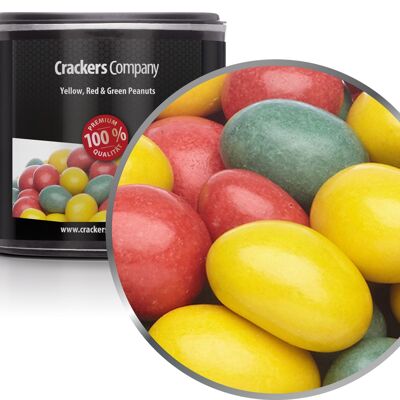 Cacahuètes colorées en chocolat, cacahuètes jaunes, rouges et vertes PU de 36 pièces. toi. Contenu de 110 g par pièce.