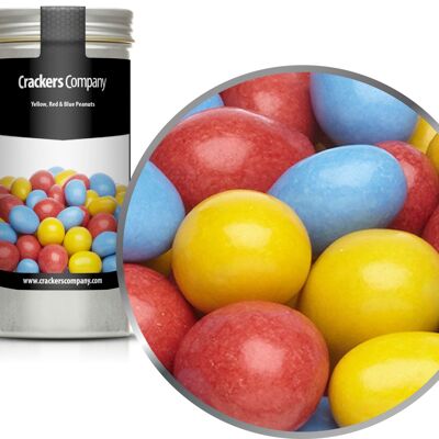 Cacahuètes colorées en chocolat, cacahuètes jaunes, rouges et bleues PU de 40 pièces. toi. Contenu de 110 g par pièce.