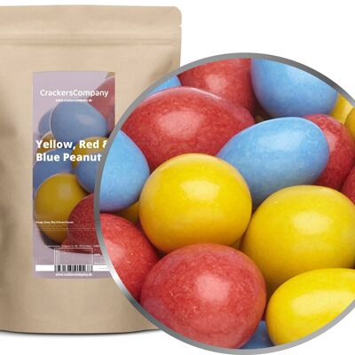 Cacahuètes colorées en chocolat, cacahuètes jaunes, rouges et bleues PU avec 8 pièces. toi. Contenu de 750 g par pièce.