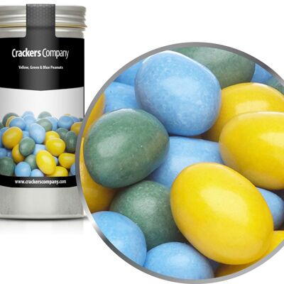 Cacahuètes colorées en chocolat, cacahuètes jaunes, vertes et bleues PU de 40 pièces. toi. Contenu de 110 g par pièce.